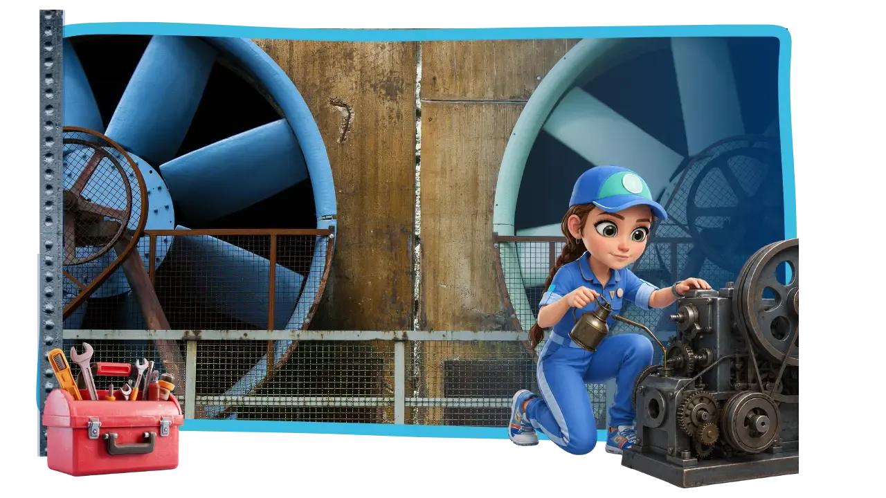 A large industrial machine with oversized ventilation fans forms the background while a cartoon mechanic kneels beside a complex machine, carefully adding oil with a traditional oil can. A red toolbox filled with tools sits in the foreground, reinforcing the theme of fine-tuning and improving Kajabi workflows for smoother performance.