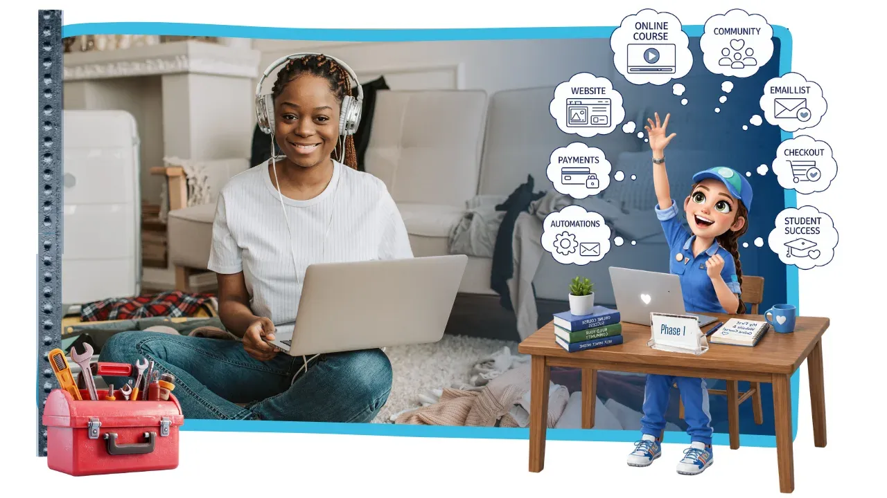 A smiling woman sits on the floor with a laptop, excitedly learning online, while a cheerful mechanic character at a wooden desk reaches toward thought bubbles representing key parts of building a Kajabi business, including a website, online course, community, email list, payments, automations, checkout, and student success. A red toolbox and mechanic tools frame the image, reinforcing the beginner “building your digital machine” theme.