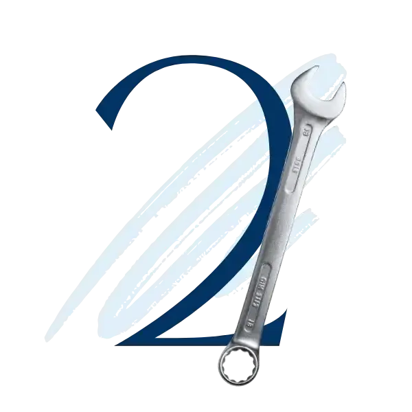 Large number two with a metal wrench, introducing how branded visuals can guide clients through funnels, PDFs, apps, videos and other business materials.