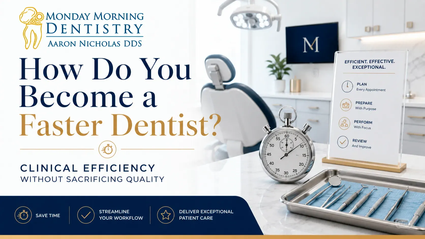 Dental efficiency graphic with stopwatch, checklist, and instruments in a modern treatment room