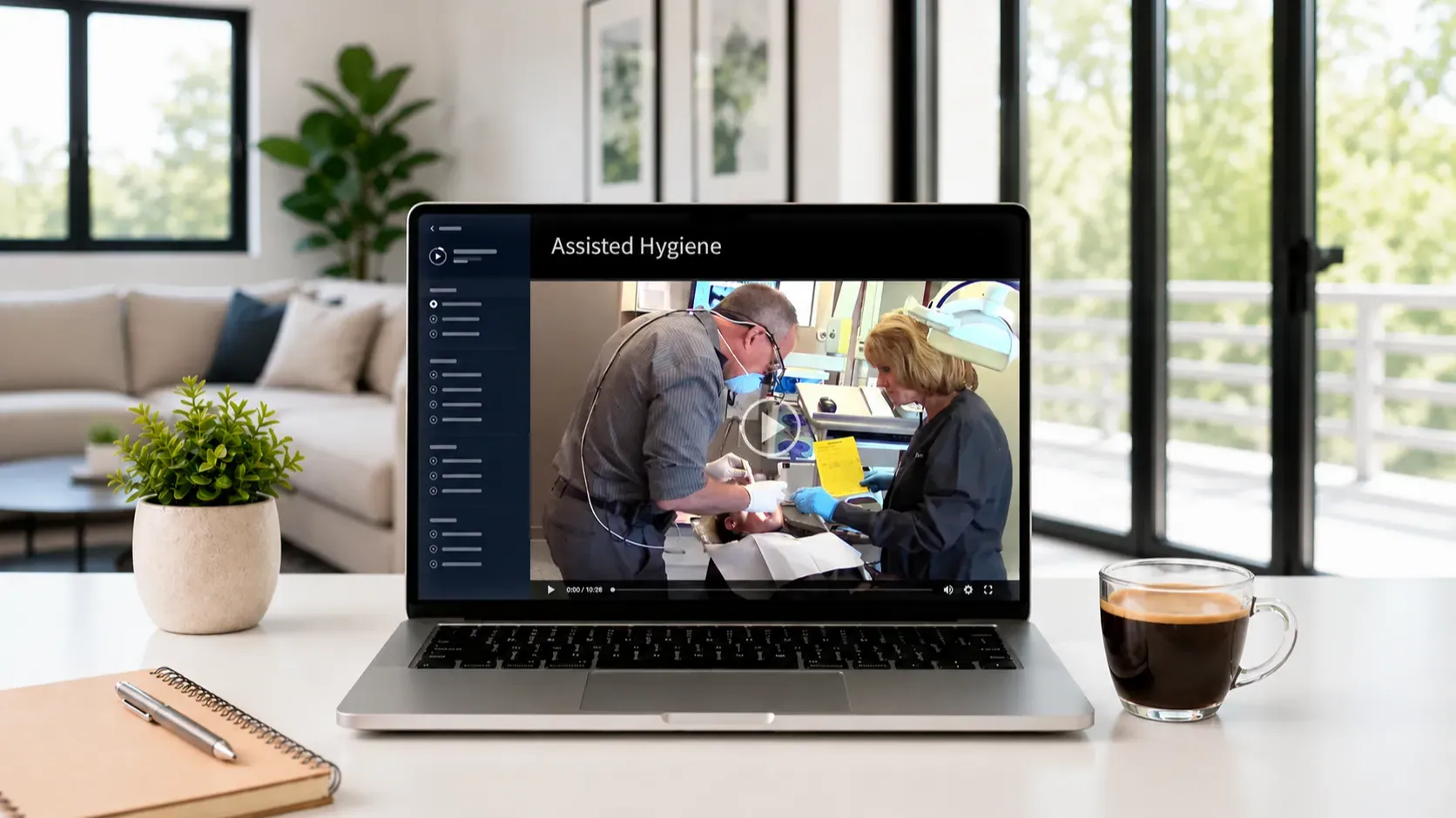Assisted hygiene course video displayed on a laptop in a modern dental training workspace