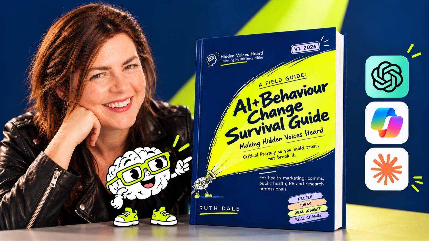 Cover of the AI and Behaviour Change Survival Guide by Ruth Dale: a brain character shines a torch across a navy cover