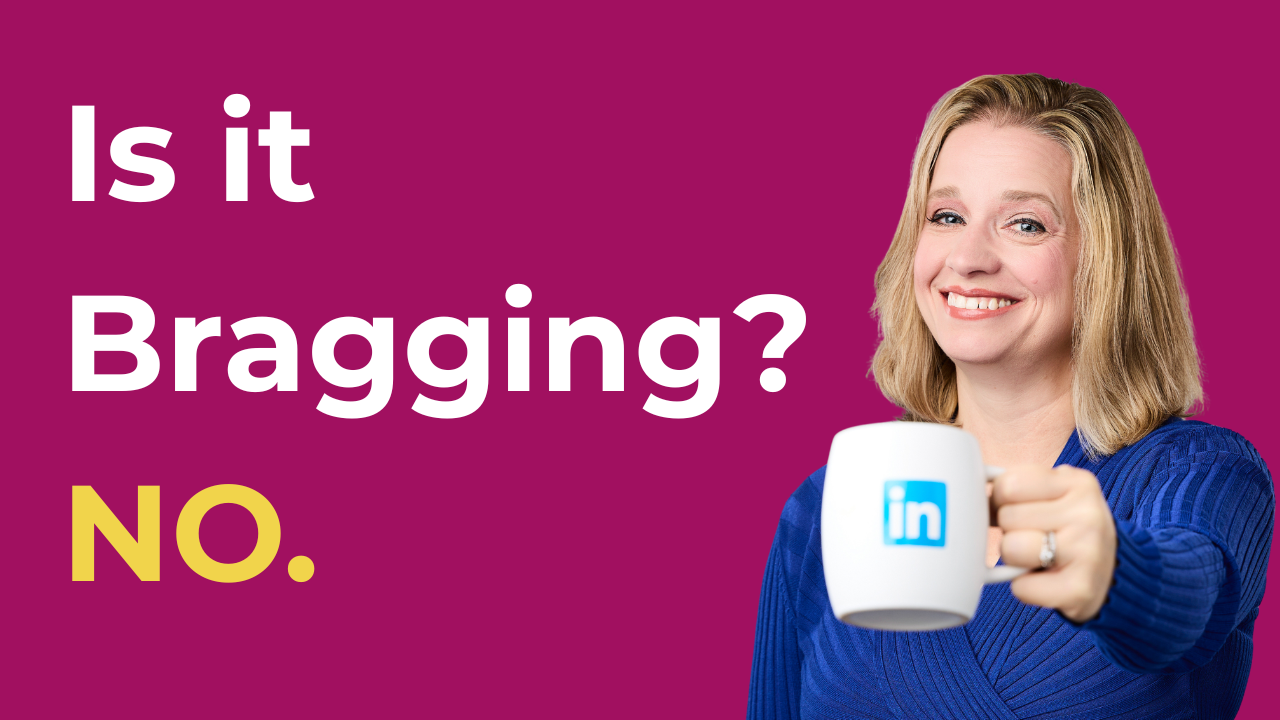 Woman holding a LinkedIn mug with text "Is it Bragging? NO." — Brenda Meller, LinkedIn Marketing Coach