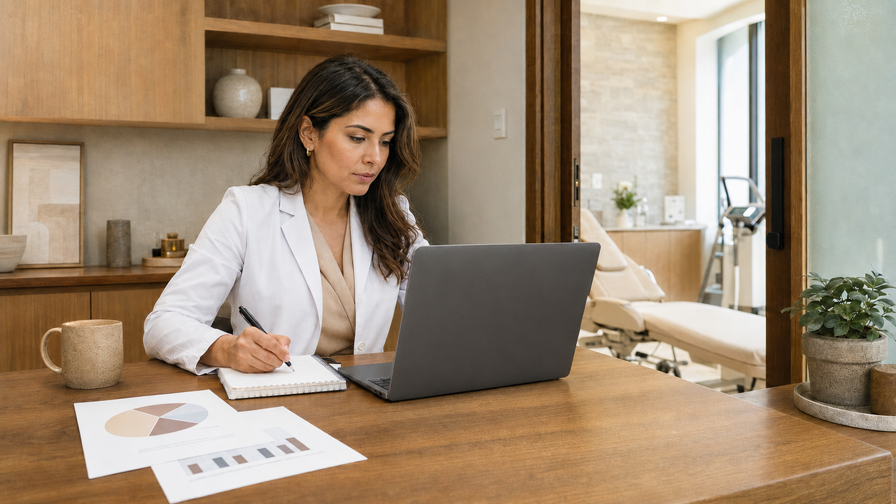 Female dermatologist reviewing printed performance reports beside a laptop in a warm, modern medical practice office.