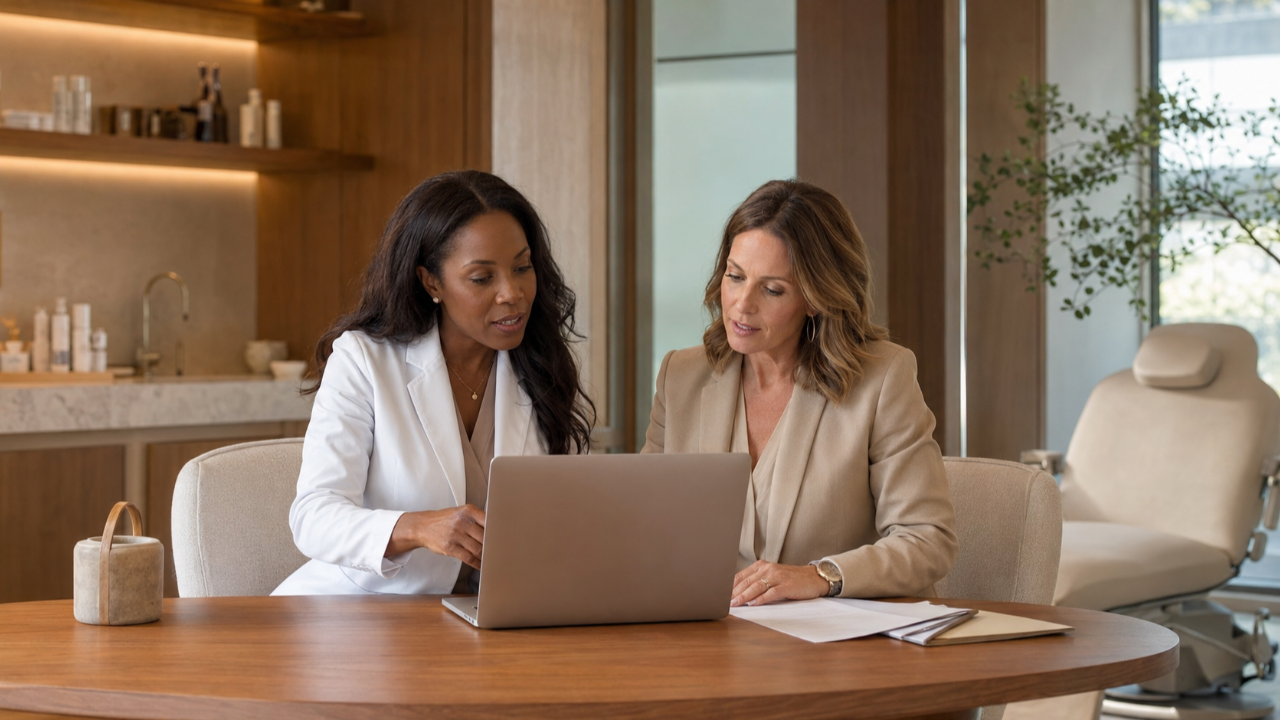 Black female dermatologist and female business advisor reviewing a laptop and papers together in a warm, modern dermatology office.