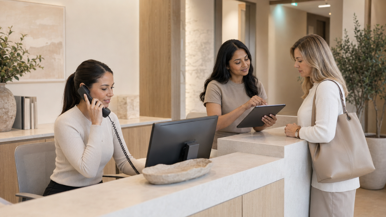 Front desk staff managing a phone call and patient check in at a dermatology practice