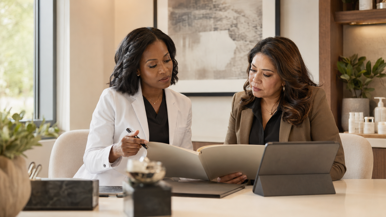 Black female physician in a white coat and an office manager reviewing an operations folder beside a tablet in a medical aesthetic dermatology practice.