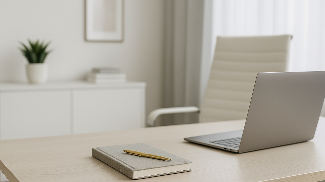 Open laptop, notebook and pen on a modern office desk