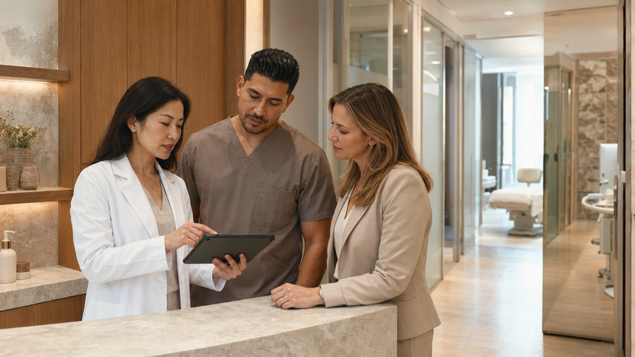 East Asian female dermatologist and two staff members reviewing a tablet together at a workstation in a warm, modern medical practice.