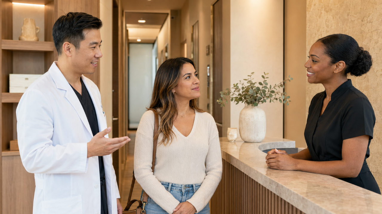 Male dermatologist introducing a female patient to a staff member at checkout in a warm, modern dermatology practice.