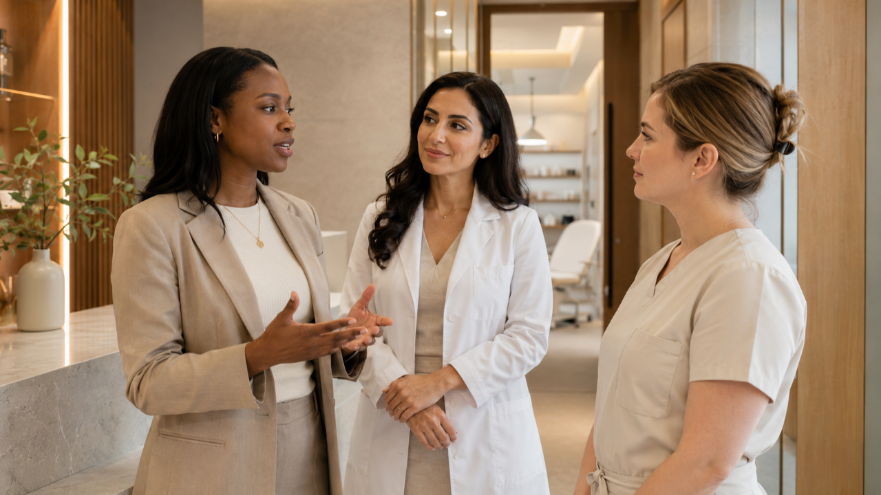 Dermatology practice manager speaking with a female dermatologist and staff member in a warm, modern medical practice.