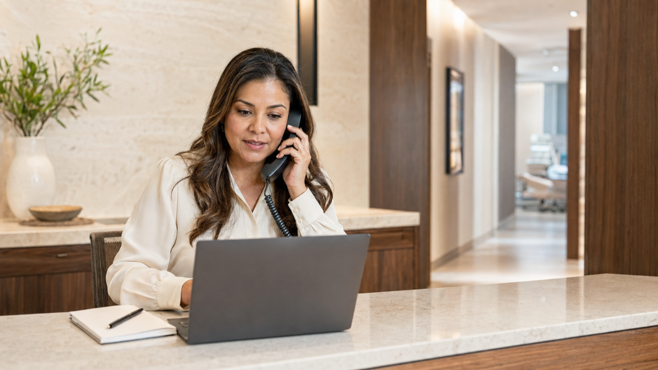 Front desk coordinator speaking with a caller while looking at a laptop at the reception desk of a warm, modern medical practice.