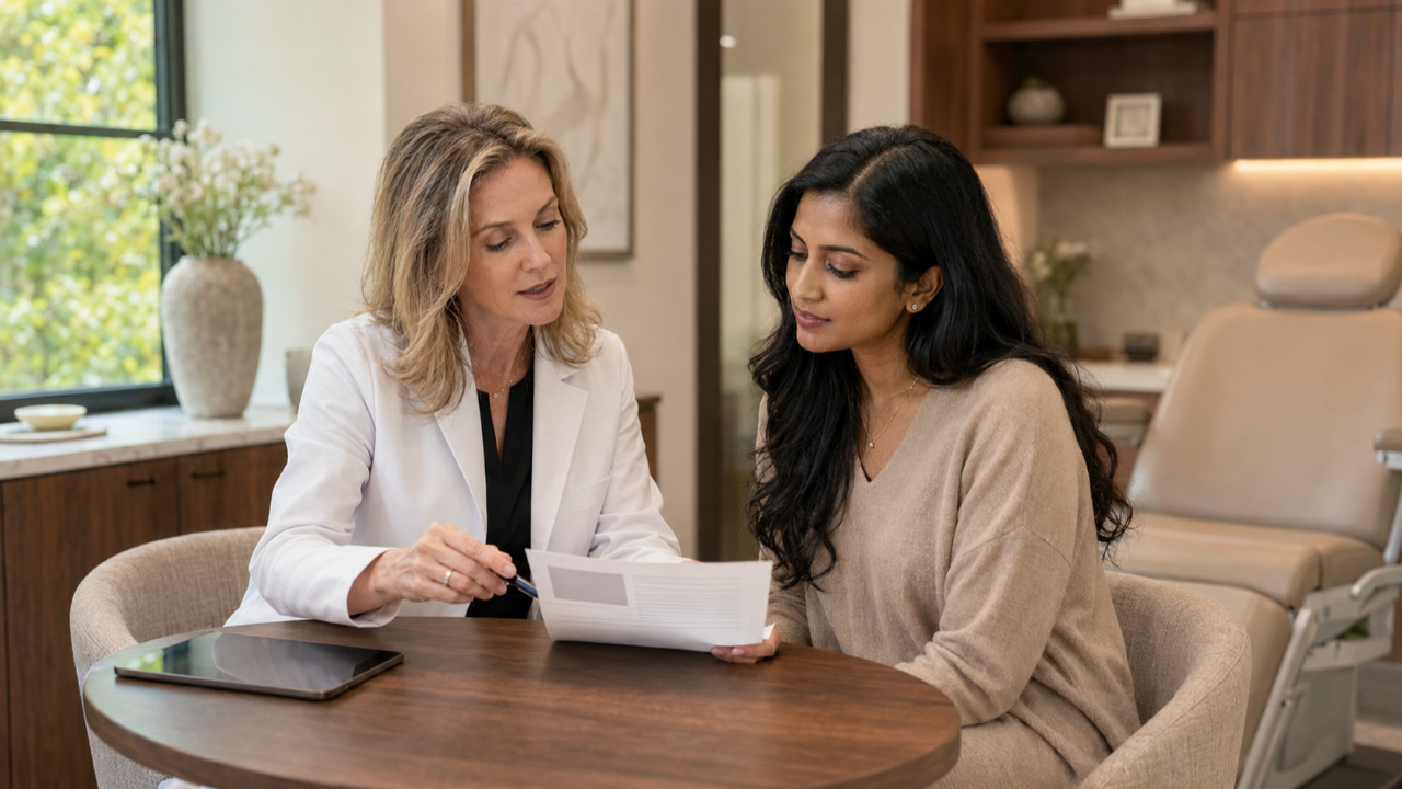 Dermatologist reviewing a printed treatment plan with a patient at a table in a warm consultation room, with a treatment chair behind them.