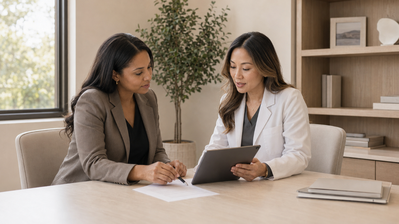 Dermatologist and practice manager reviewing a professional courtesy policy