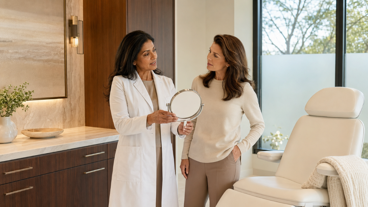 Female dermatologist holds a mirror while speaking with a patient beside a treatment chair in a warm medical aesthetic office.