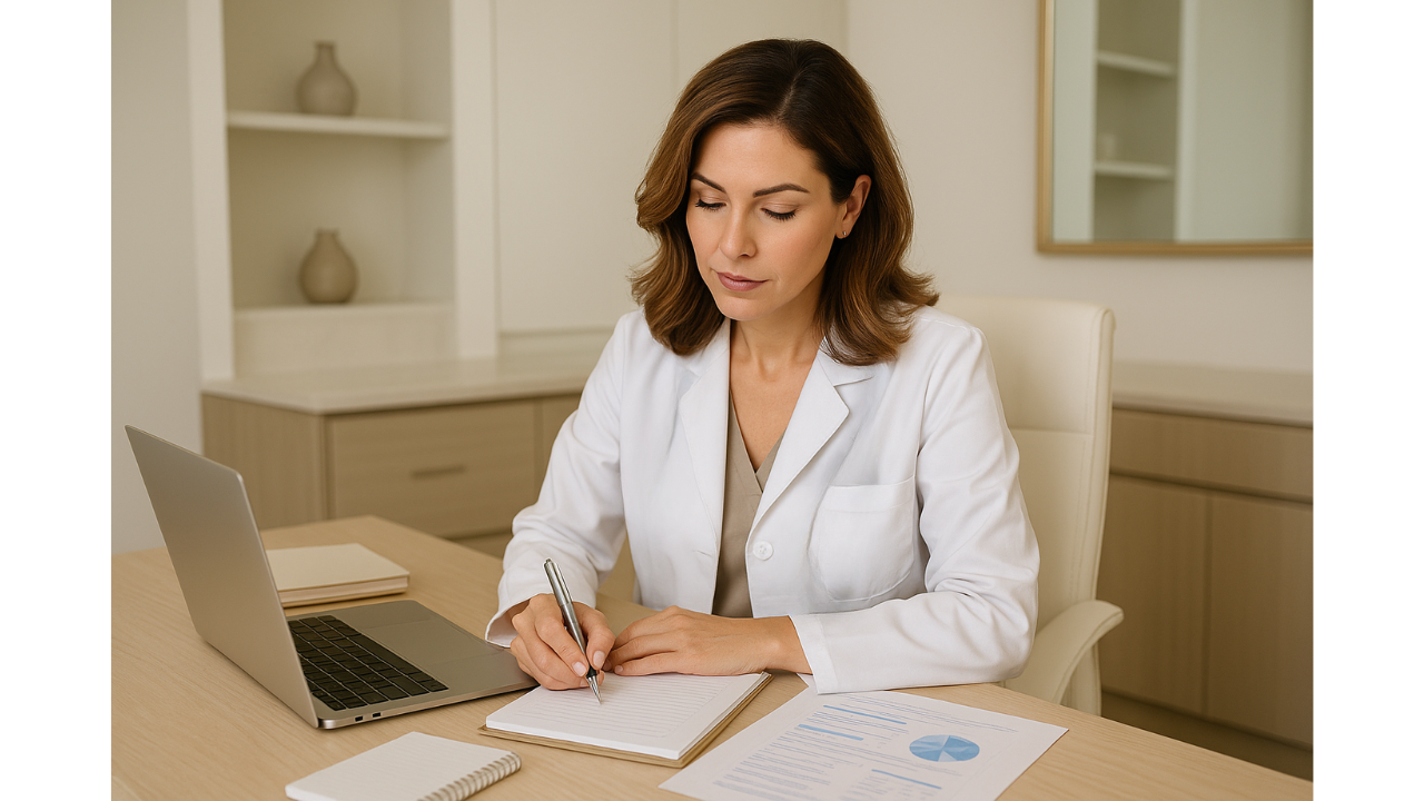 Dermatologist in a white coat reviewing practice reports and writing notes at a desk