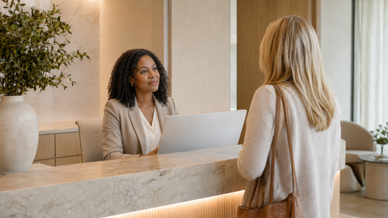 Front desk coordinator confirming patient contact information at a medical aesthetic practice