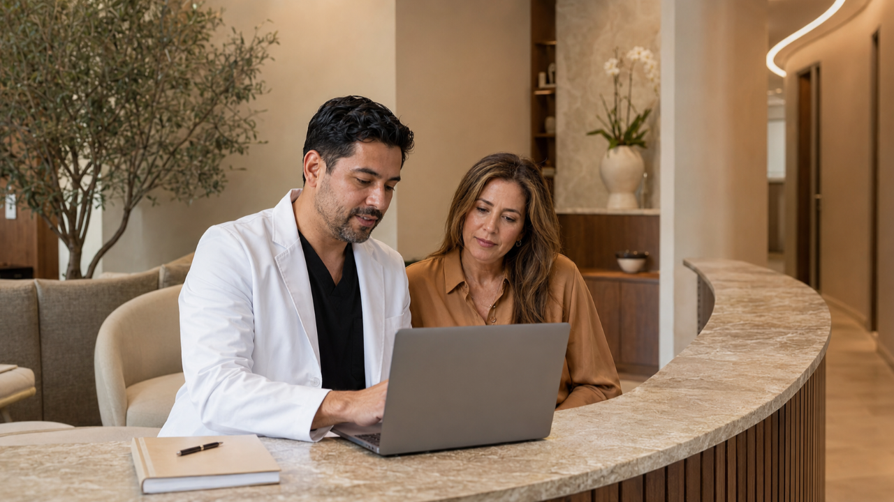 Physician in a white coat and a practice manager reviewing a laptop together at the curved reception desk of a warm, modern medical practice.
