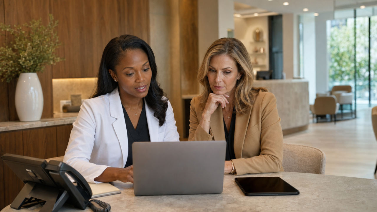 Physician owner and practice manager reviewing a laptop beside a desk telephone and tablet in a warm, modern medical practice.