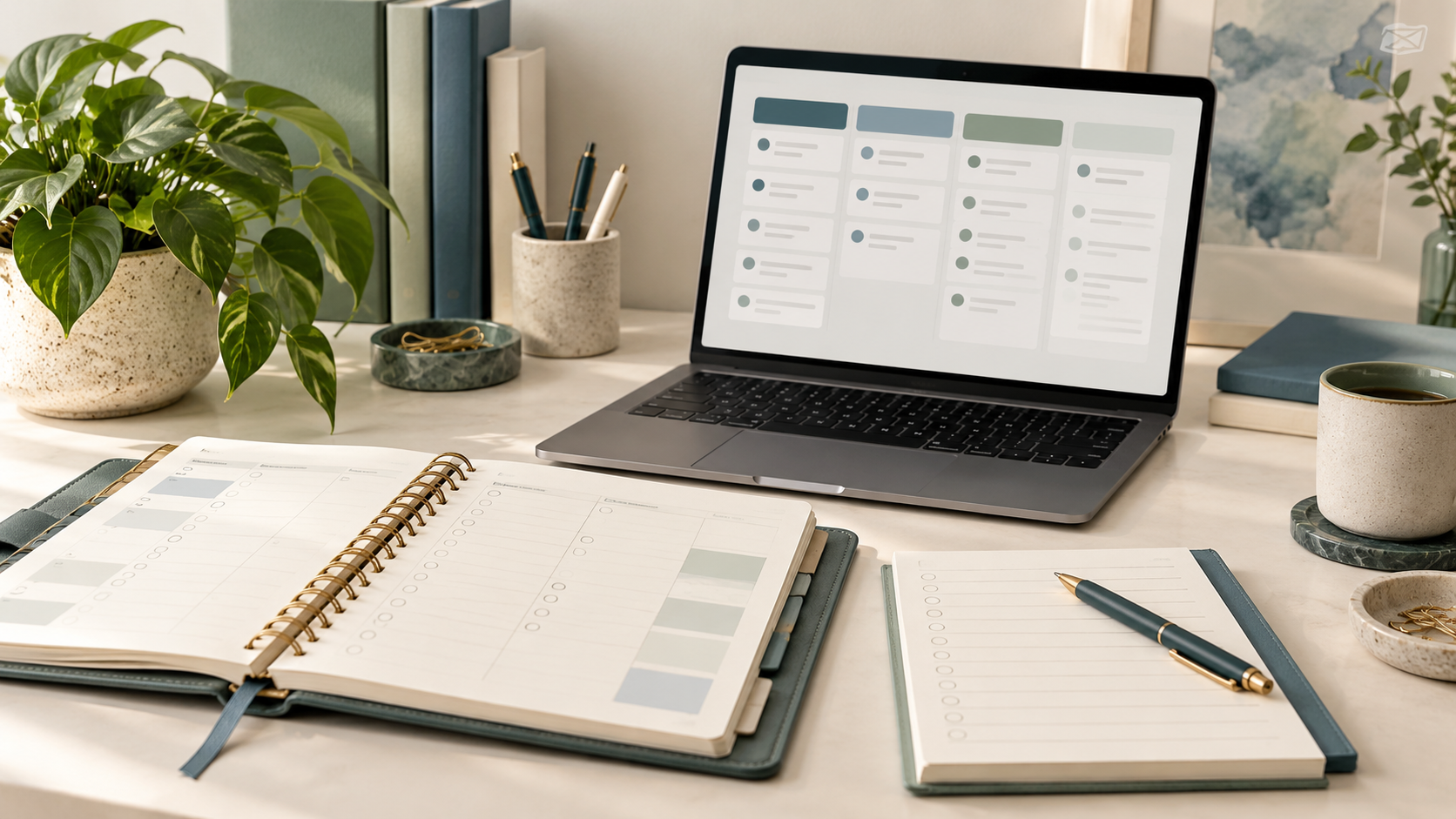 Planner and laptop with an organised project board