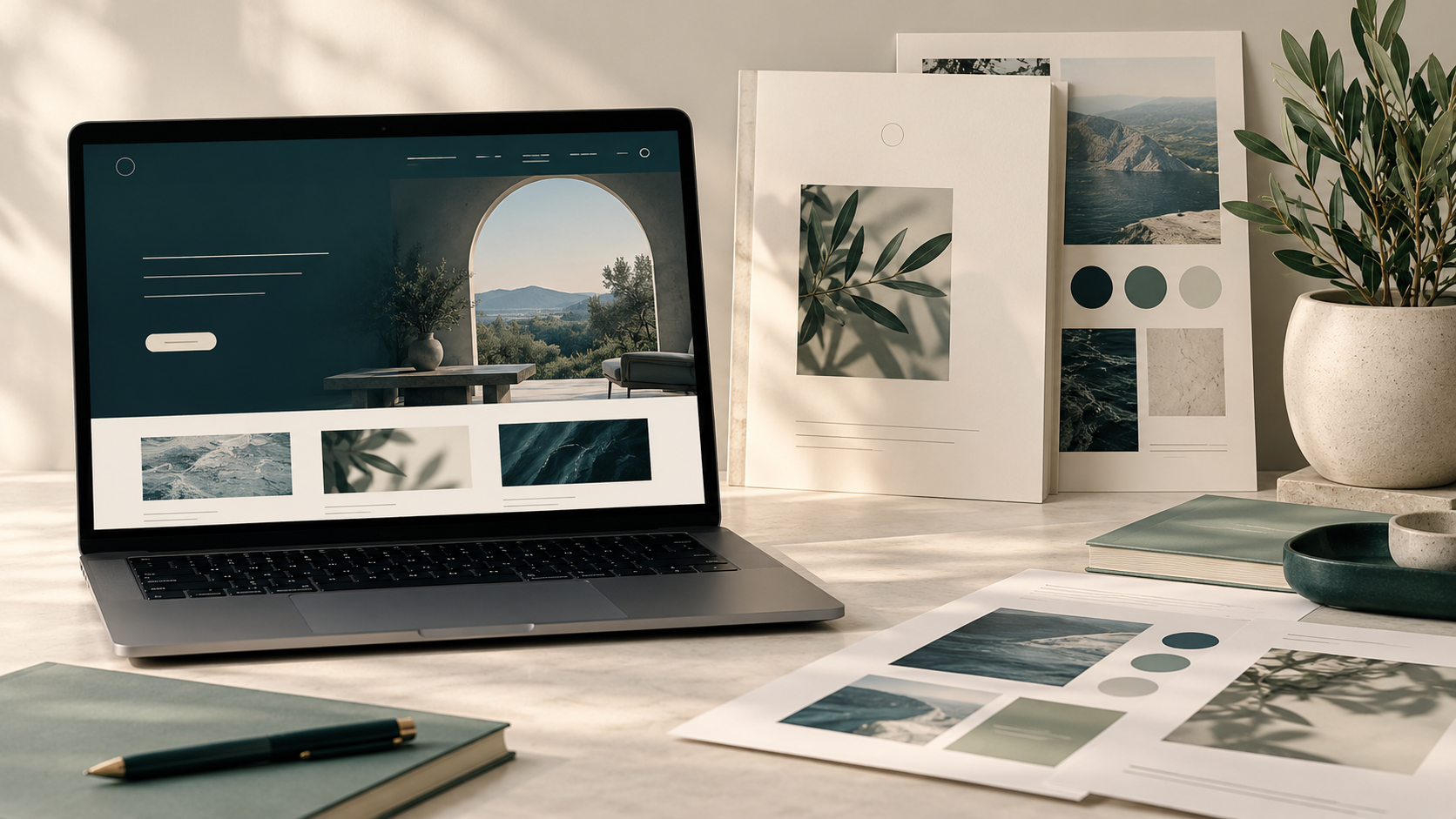 Laptop, brand pages and a plant in muted studio colours