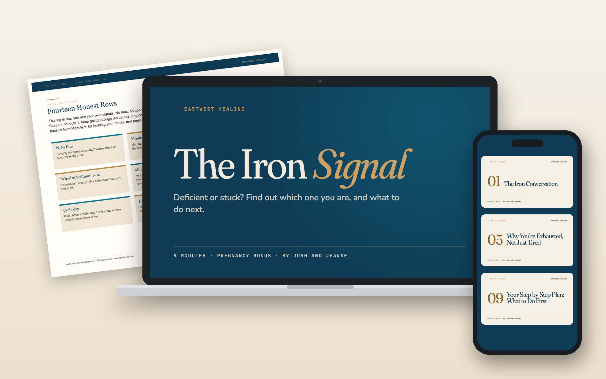 The Iron Signal course on a laptop and phone, with the printed 14-Day Iron Signal Log