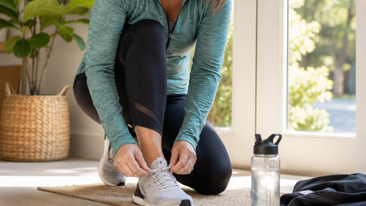 Woman over 40 tying running shoes before a walk, representing consistent exercise and healthy habits.