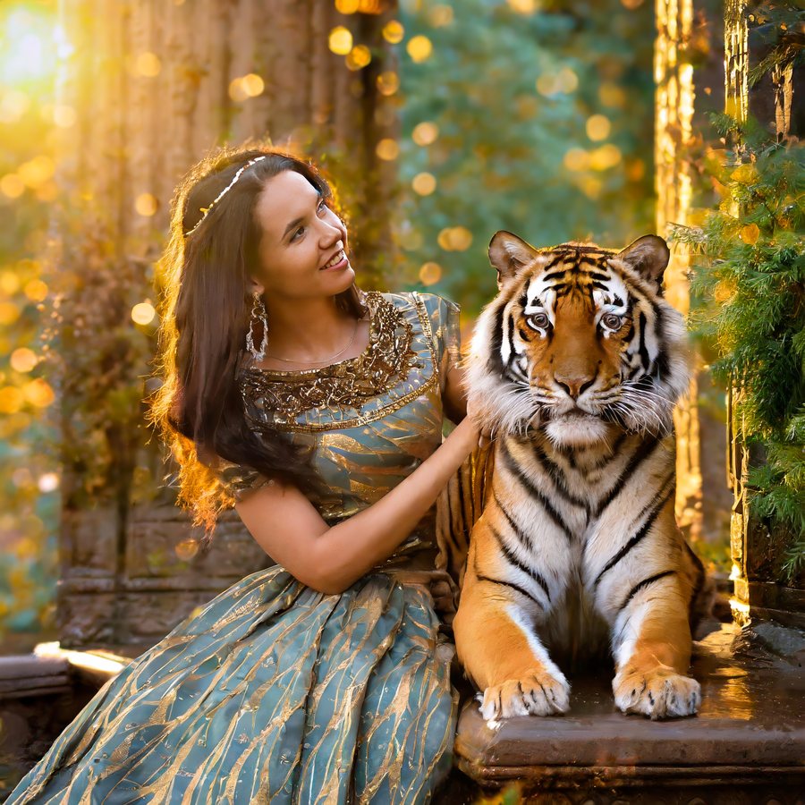 Creative portrait of a woman beside a tiger in golden light