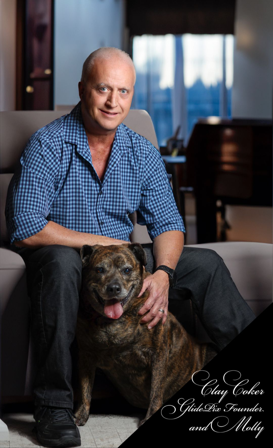 "GlidePix: Where passion meets expertise. Meet founder Clay Coker and his dog Molly, your trusted companions on the photography journey