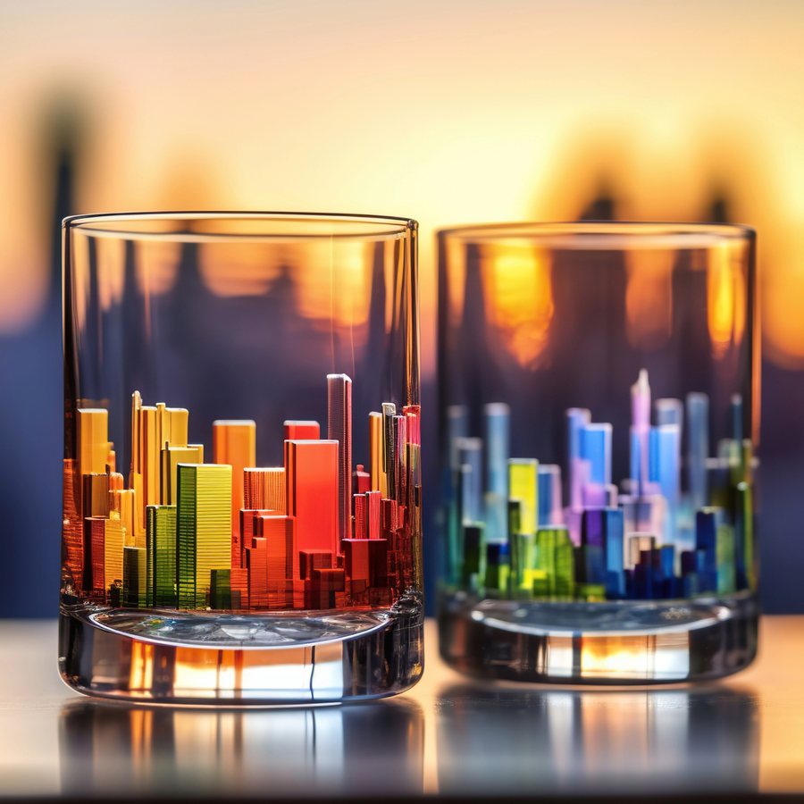 Colorful city skylines inside two glasses at sunset