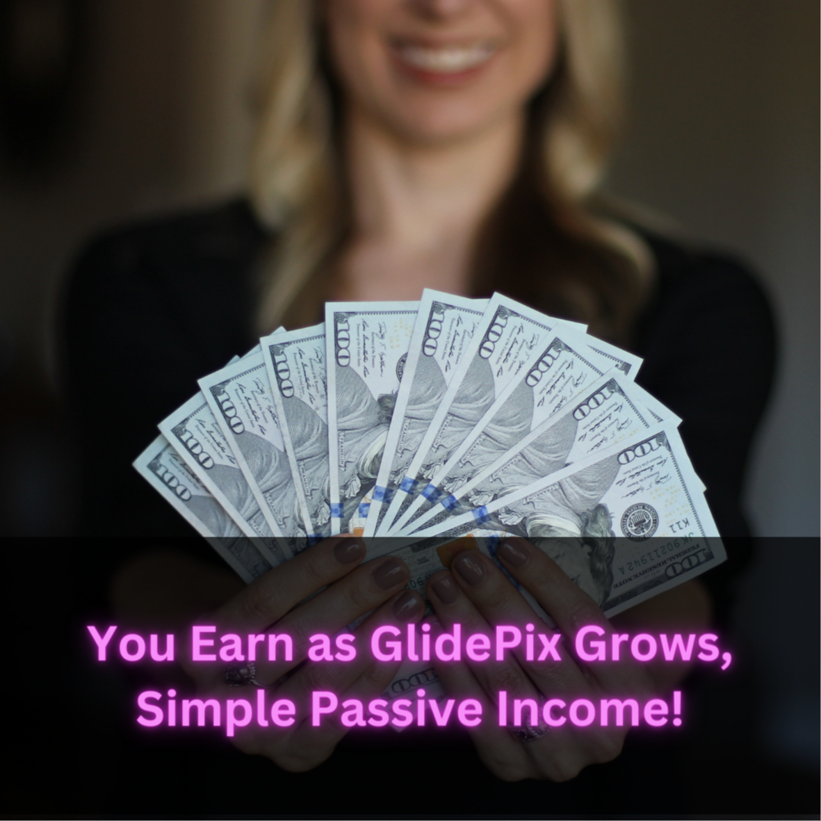 GlidePix Affiliate Program: Join us and turn your passion into profits. Image: Woman holding stacks of money, representing earning potential.