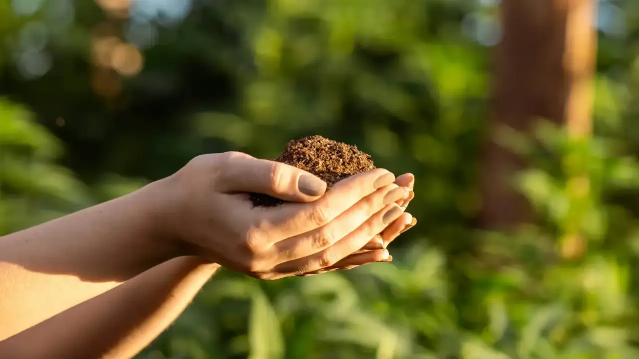 Cupped hands holding rich soil in a sunlit garden, symbolizing the Earth element in Taoism and grounding self-nourishment