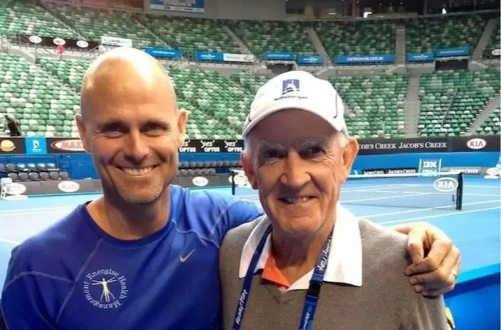 Tennis coach Tony Roche working with Nathan Martin during high-performance preparation
