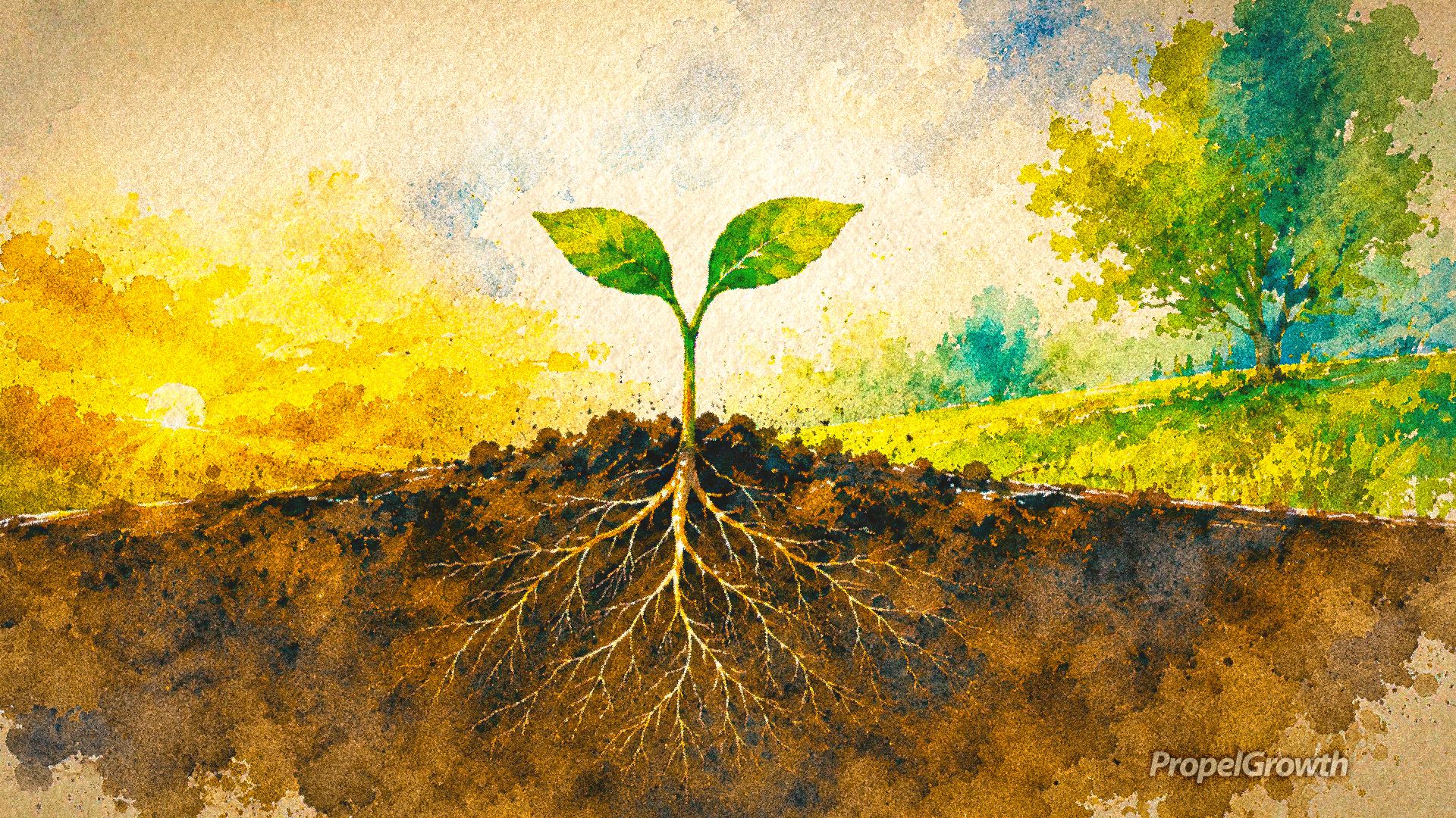 Abstract watercolor illustration of a small seedling emerging from dark soil, with a large root system spreading underground. A warm sunrise glows on the left, while a mature tree stands in the distance, representing patient growth and long-term trust-building.