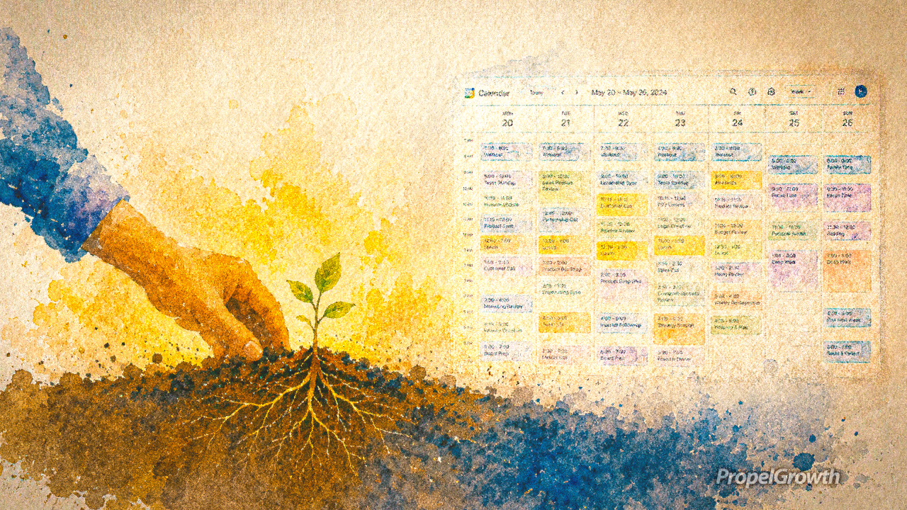 Abstract watercolor illustration of a hand planting a small seedling with visible roots in dark soil, while a faded, busy weekly calendar appears in the background. The image represents making time to build a founder brand even when the schedule is already full.