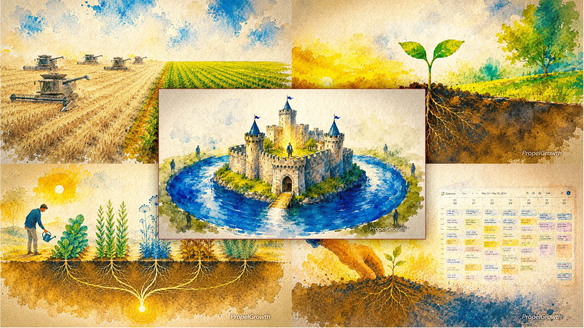 Montage of five abstract watercolor illustrations about building a founder brand. The center image shows a medieval castle protected by a moat, surrounded by supporting images of harvesters in a field, a seedling with deep roots, a founder watering distinct content plants, and a busy calendar beside a newly planted sprout.