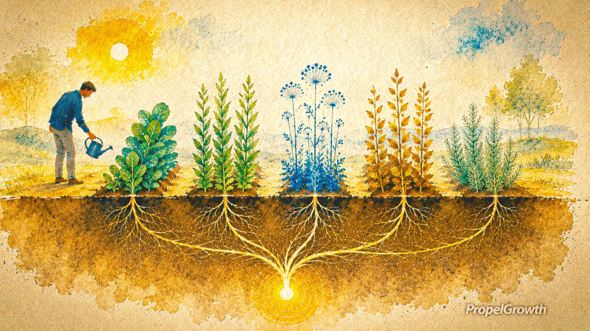 Abstract watercolor illustration of a founder watering five visually distinct plants growing in separate rows. Beneath the soil, each plant’s roots connect to a shared glowing root system, representing different content pillars growing from one focused founder brand signal.