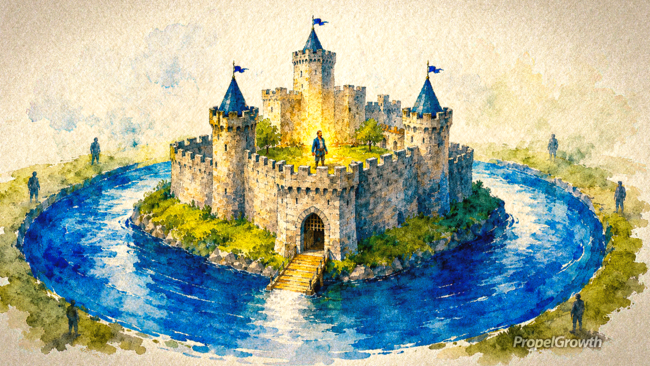 Abstract watercolor illustration of a medieval castle surrounded by a bright blue moat, with a founder standing visibly inside the castle walls while shadowy competitor figures remain outside the moat. The image represents founder brand as a durable competitive moat built on trust.