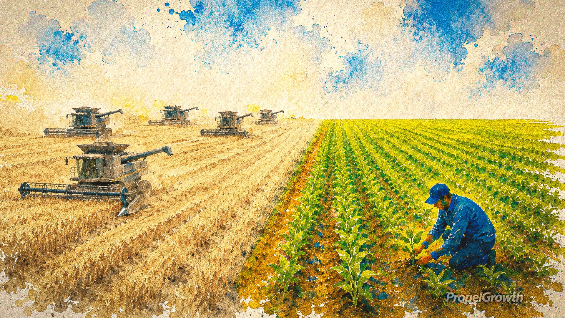 Abstract watercolor illustration split between two fields. On the left, several combines harvest the same mature golden crop, while on the right, a person tends rows of young green plants. The image represents companies competing to capture existing demand while overlooking the slower work of planting future demand.
