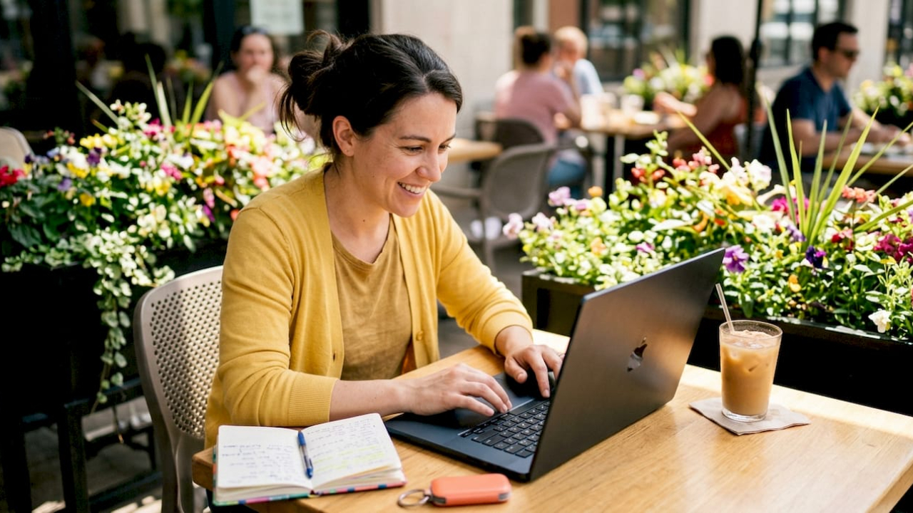 woman tagging subscribers in home office