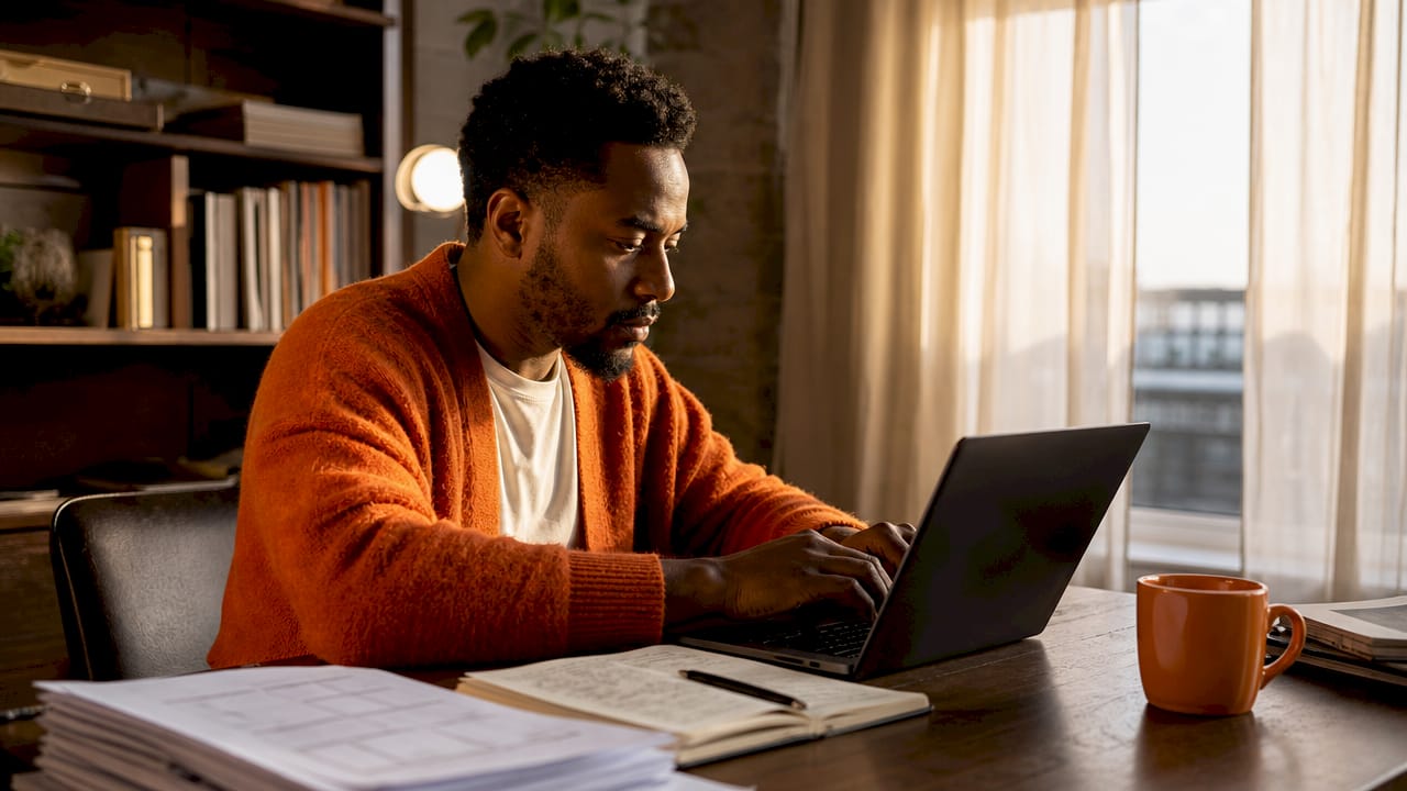 consultant working on his offer page on his laptop computer at a home office