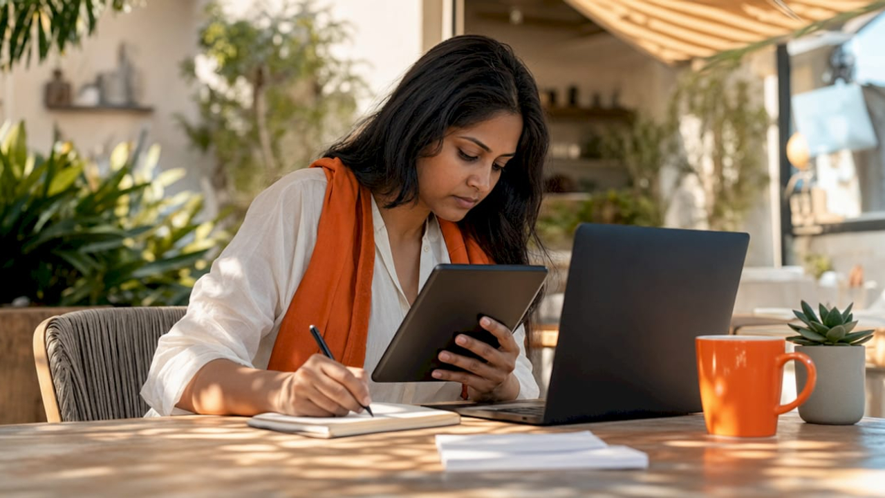 digital entrepreneur woman using Kajabi on her laptop in an orange sweater