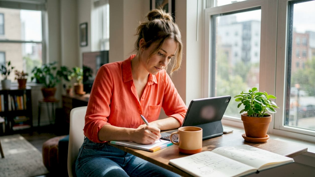 woman setting up kajabi pipeline at home desk