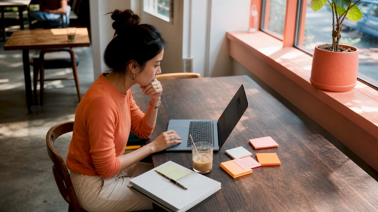 coaching sales study over the computer in a bright open coffee shop area