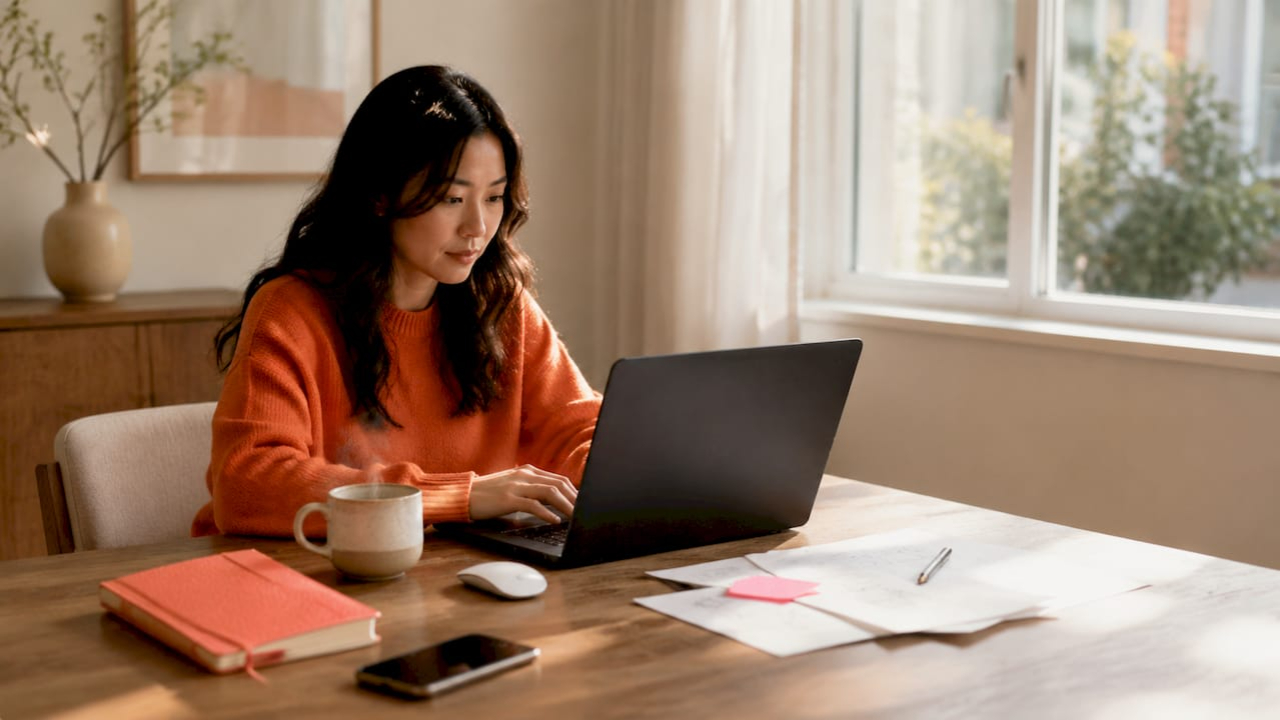 Why Kajabi Beats WordPress for Course Creators woman in orange sweater reading laptop screen indoors