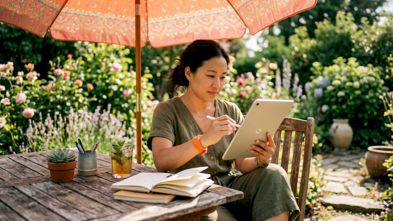business owner on her tablet working at an outside sunny desk