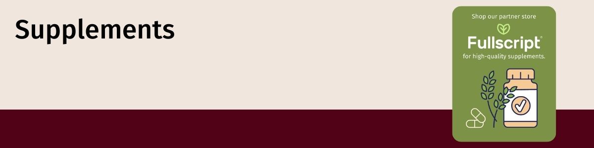 Image shows an illustration of a supplement bottle, supplement capsules and leaves. Text reads: Supplements