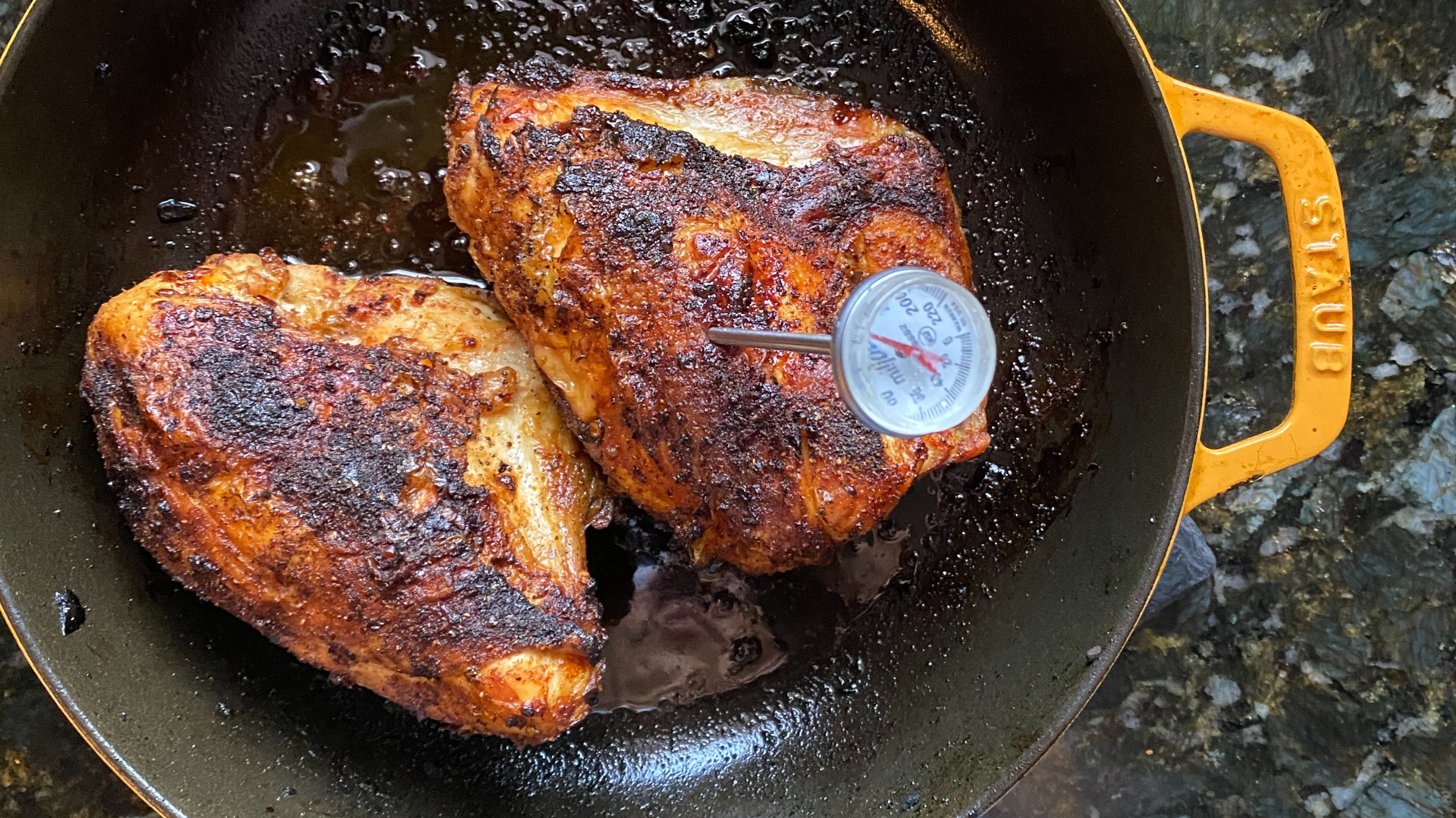 Roasted chicken breast in a Staub pan