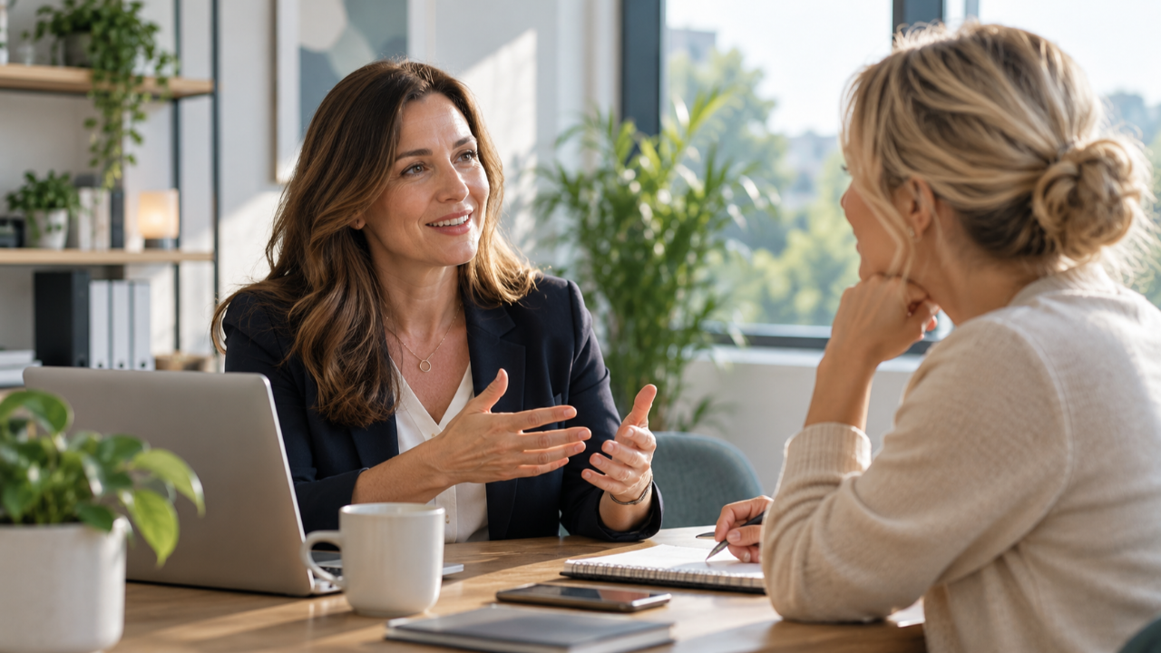 Two women having a warm, open conversation in a naturally lit modern office, representing workplace trust, psychological safety and honest leadership communication.