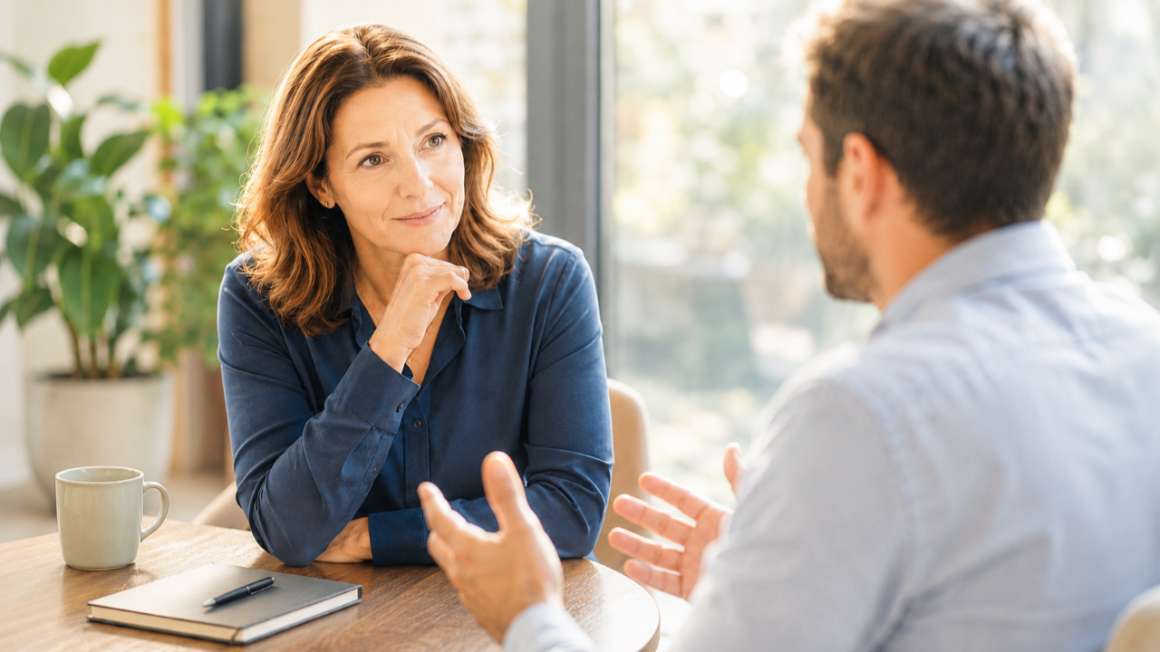 Two professionals having a warm coaching conversation in a bright office, representing leadership development, listening and supporting people to think for themselves.